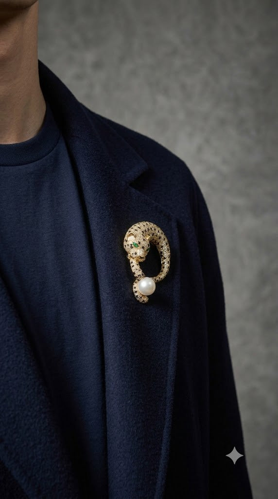 Gold Leopard Brooch with Pearl Drop & Emerald Eyes