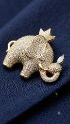 Royal Crowned Elephant Gold & Pave Crystal Lapel Brooch