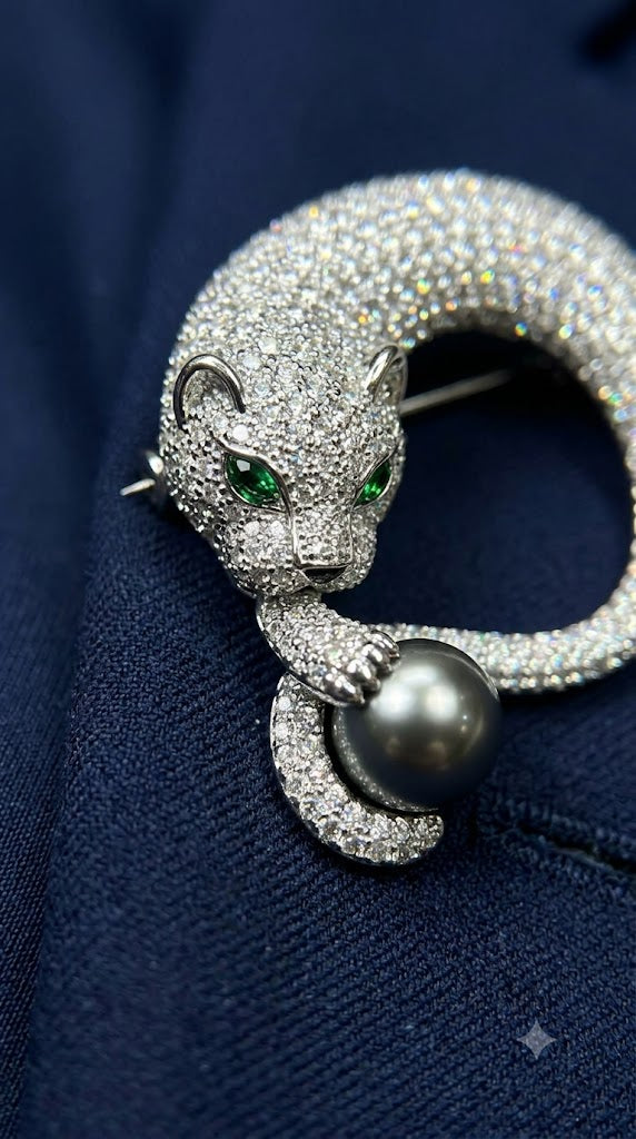 Silver Crystal Panther Brooch with Green Eyes & Grey Pearl Drop