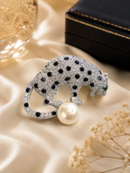 Luxury Silver Panther Brooch with Pearl for Men's & Women's Blazer