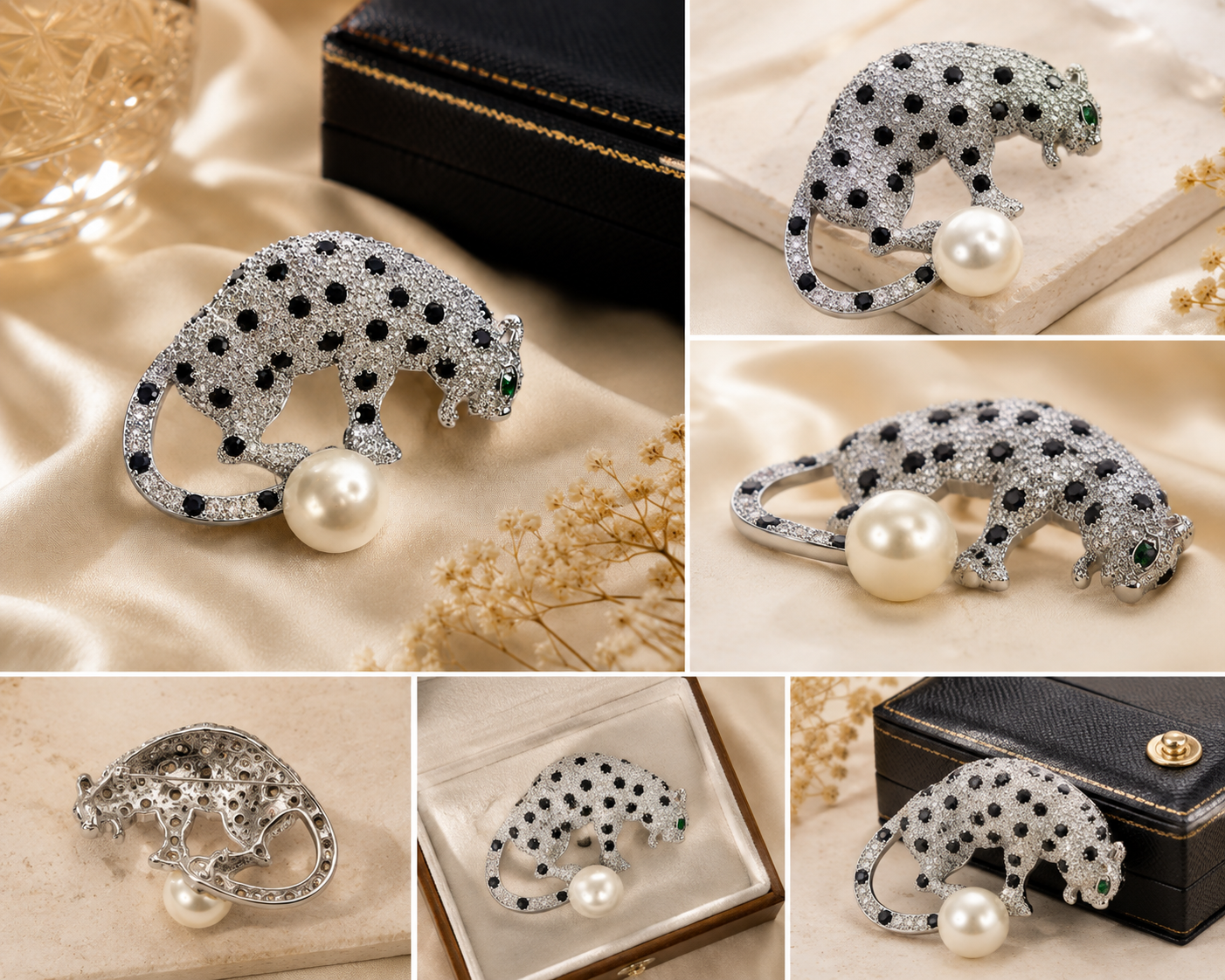 Luxury Silver Panther Brooch with Pearl for Men's & Women's Blazer