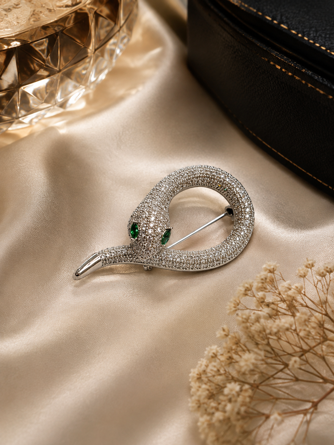 Luxury Silver Snake Brooch with Green Crystal Eyes