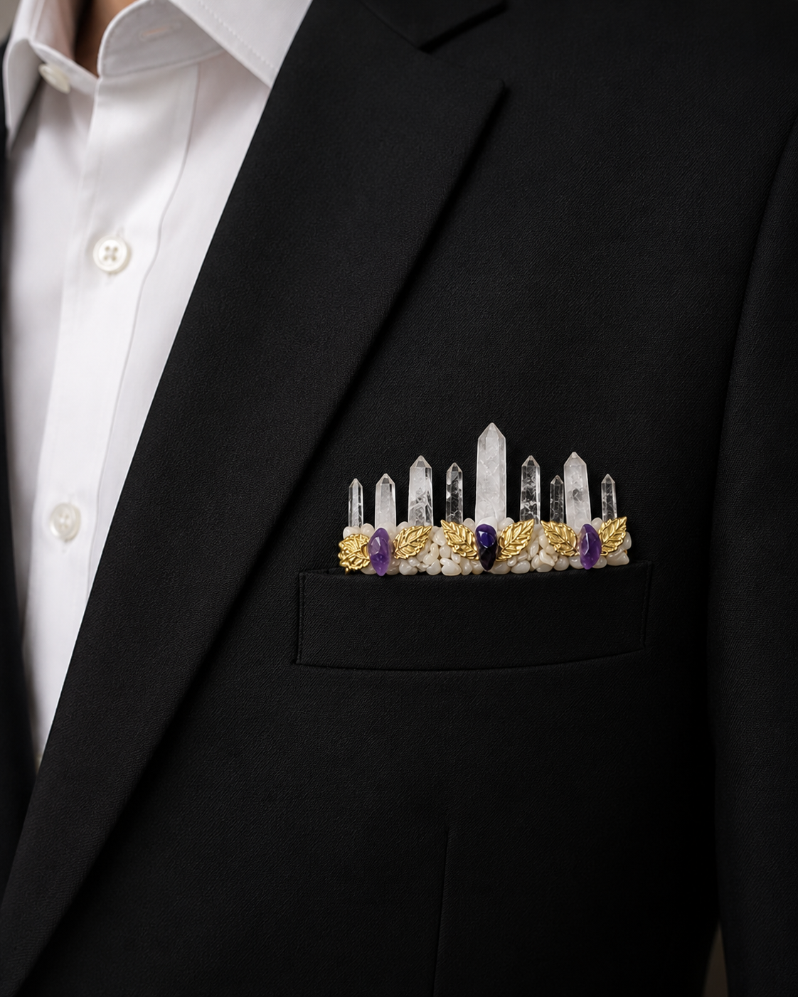 White Crystal Pocket Boutonniere – Luxury Crystal Pocket Brooch