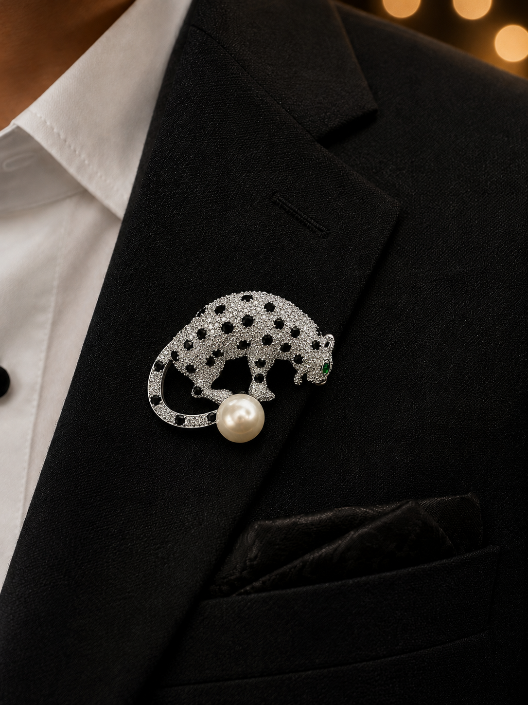 Luxury Silver Panther Brooch with Pearl for Men's & Women's Blazer