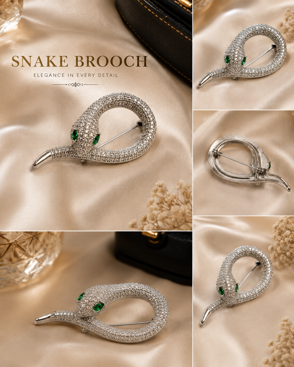 Luxury Silver Snake Brooch with Green Crystal Eyes