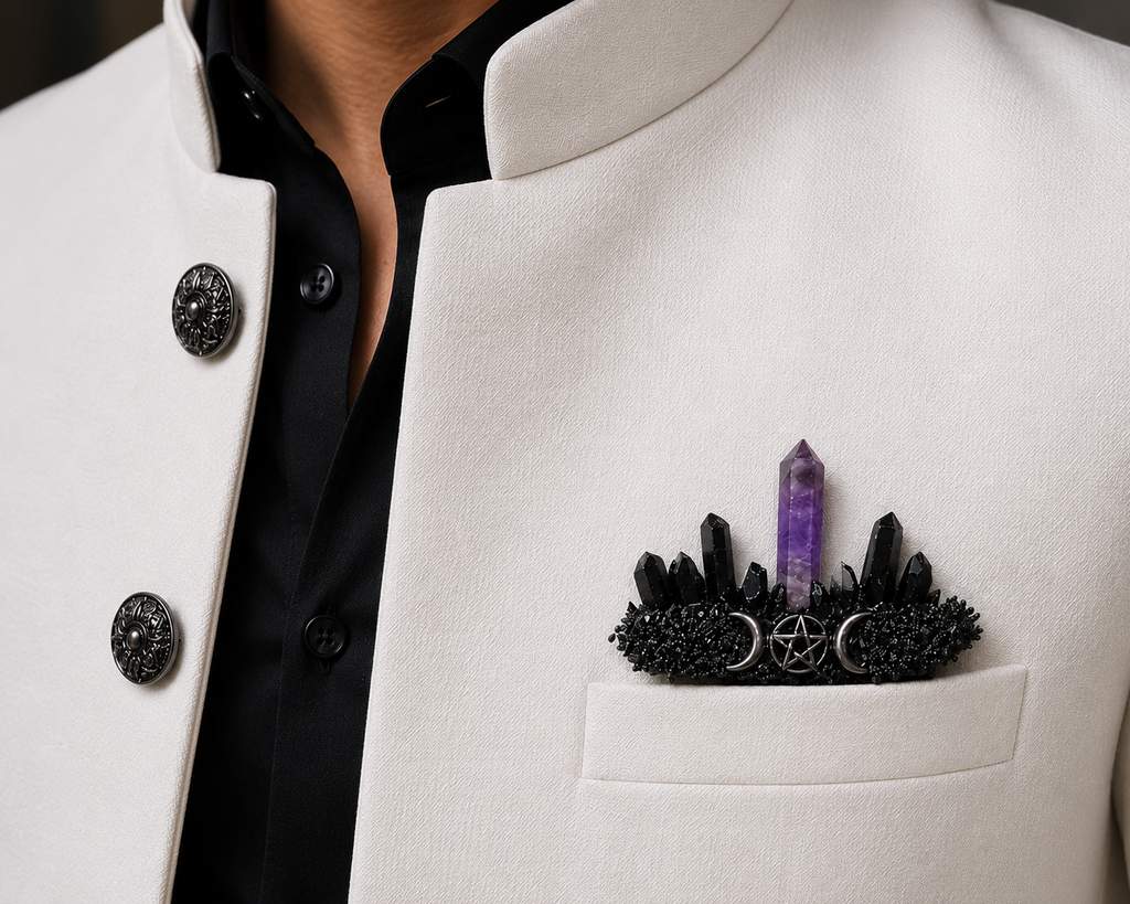 Gothic Moon & Pentagram Crystal Pocket Boutonniere