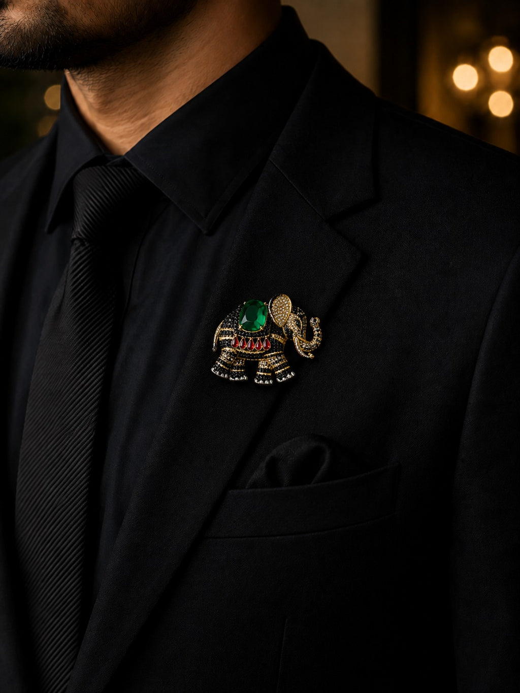 Elephant Brooch with Emerald Green Crystal