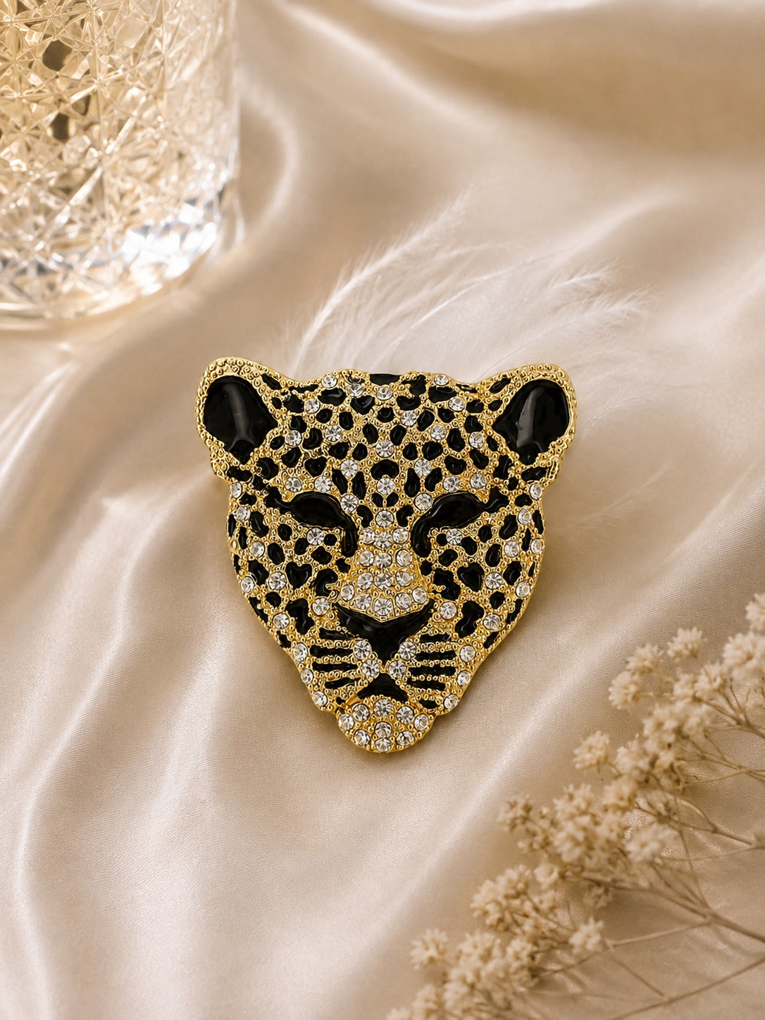 Gold Leopard Brooch with Black Crystal Accents