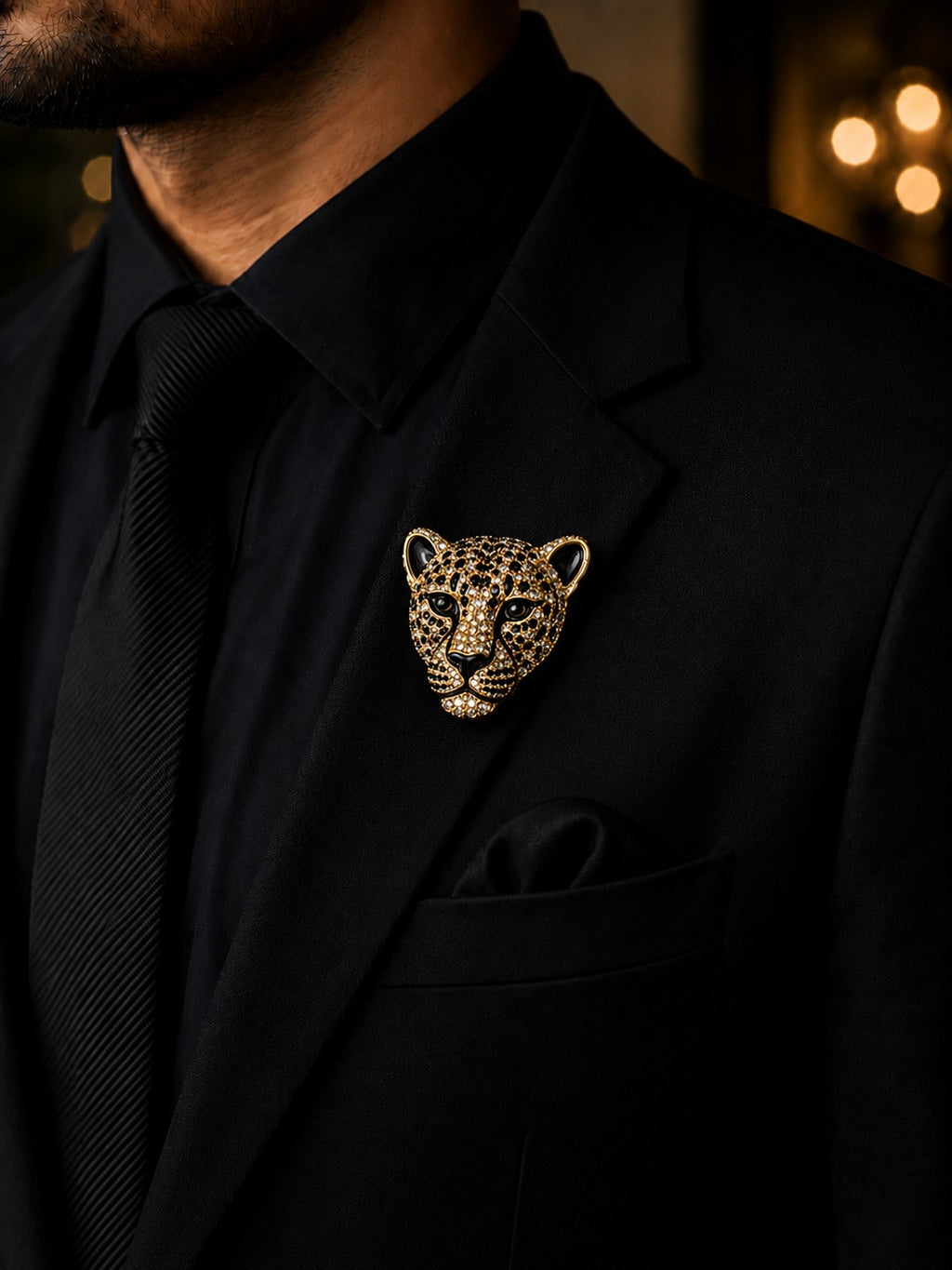 Gold Leopard Brooch with Black Crystal Accents