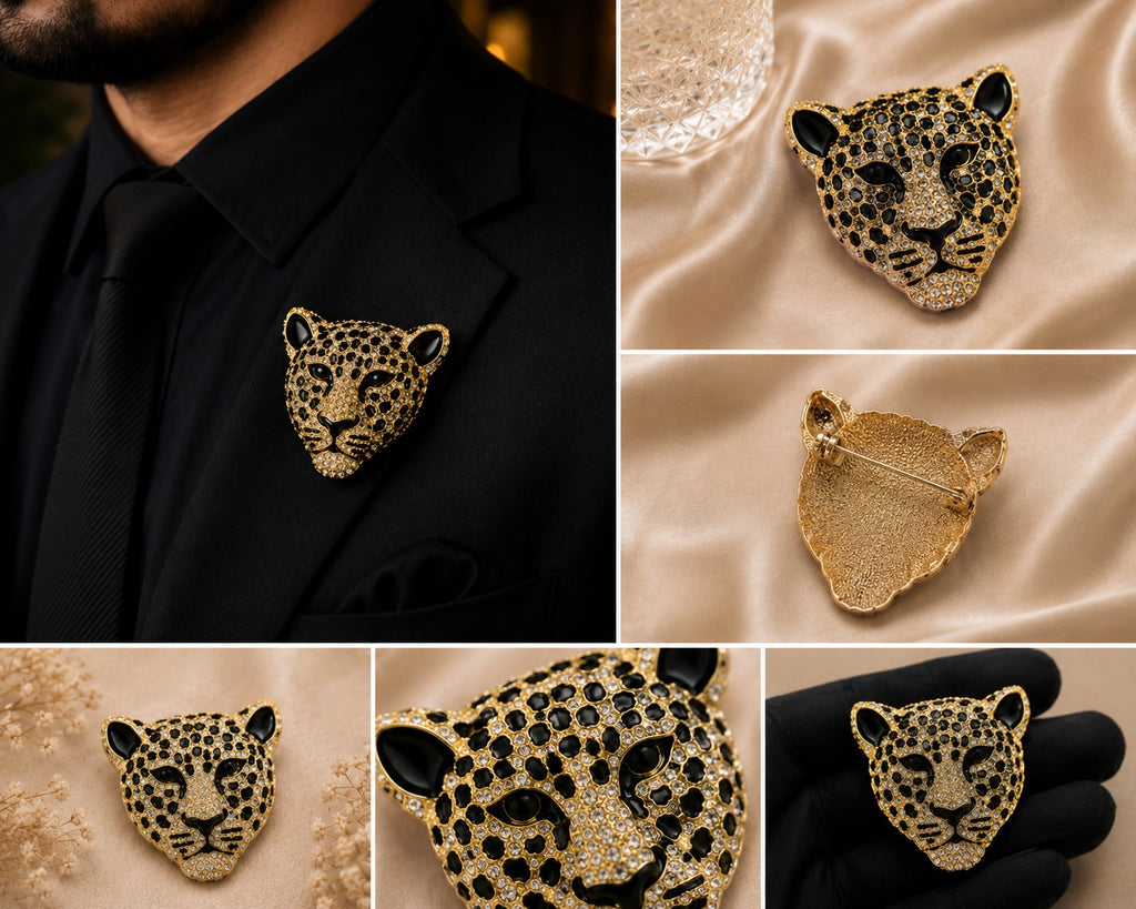 Gold Leopard Brooch with Black Crystal Accents