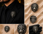 Silver Lion Brooch with Emerald Green Crystal Eyes