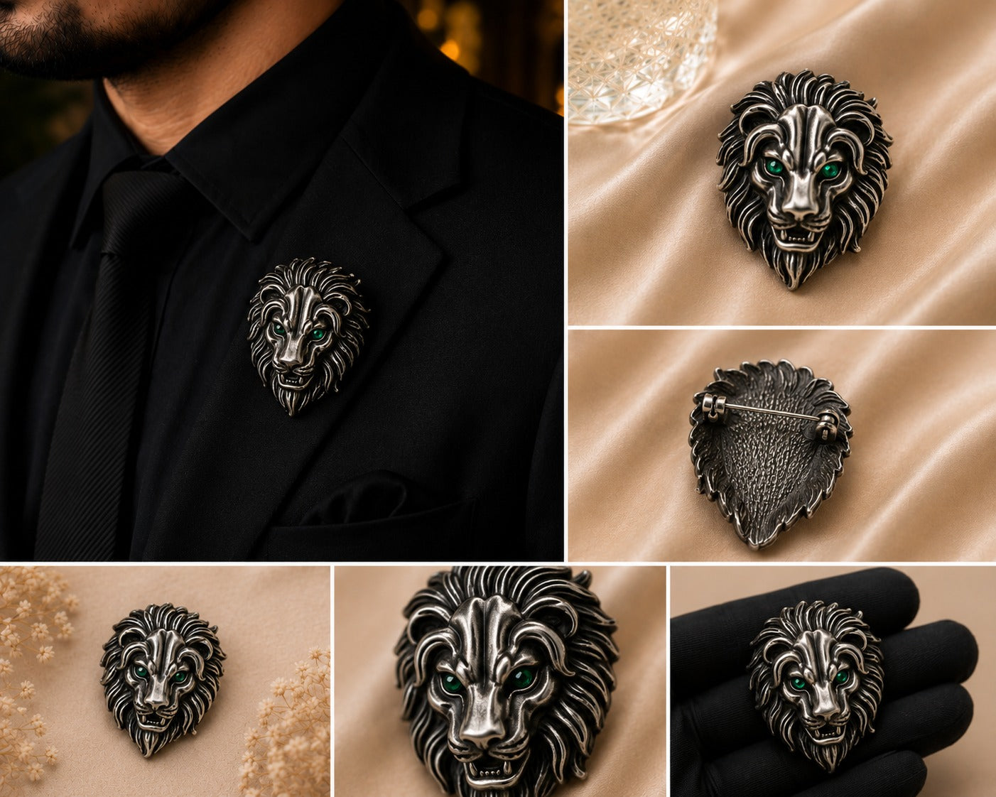 Silver Lion Brooch with Emerald Green Crystal Eyes