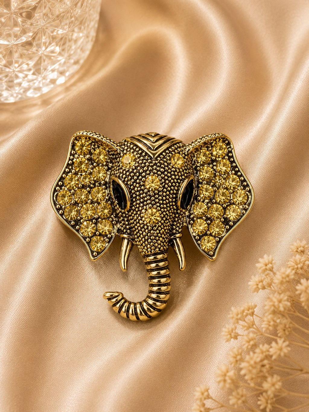 Gold Elephant Brooch with Crystal Accents