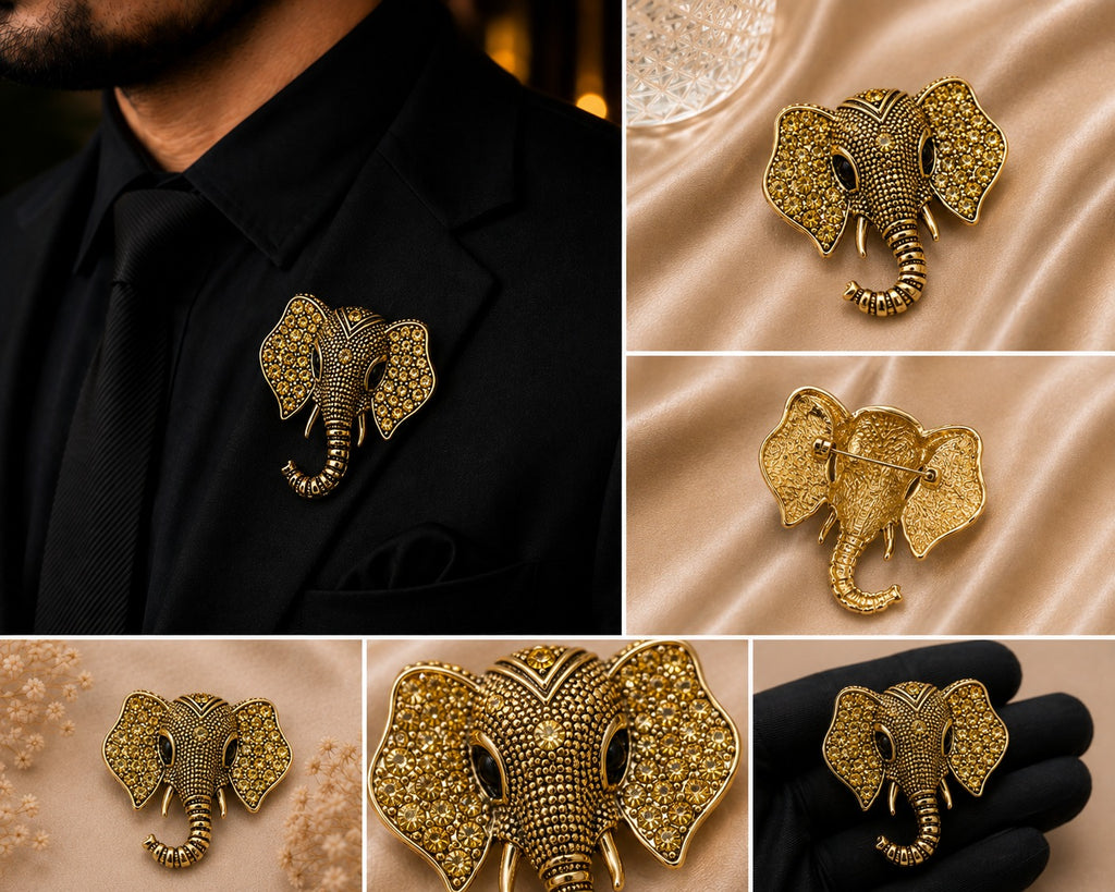 Gold Elephant Brooch with Crystal Accents
