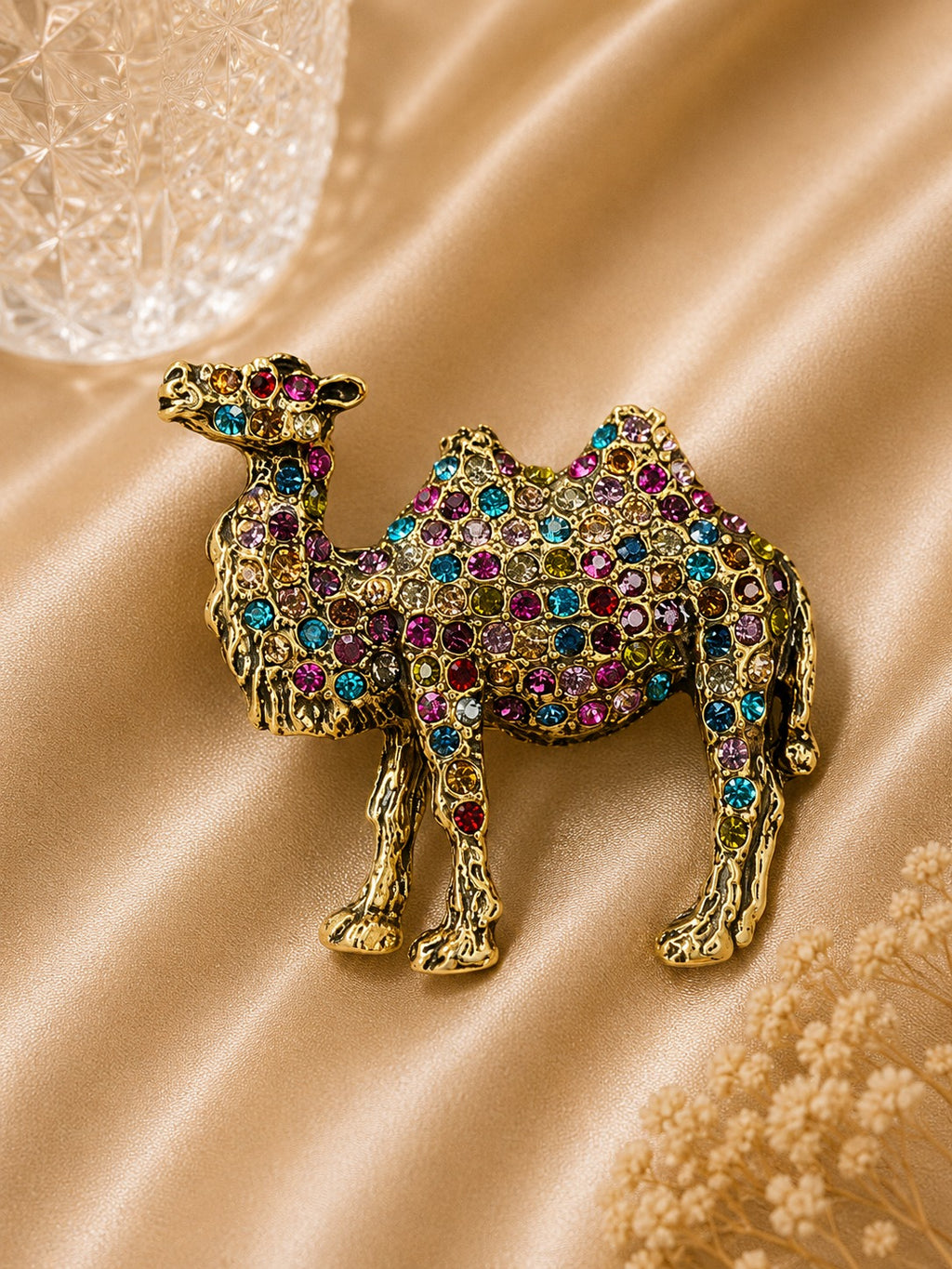 Gold Camel Brooch with Multicolor Crystals