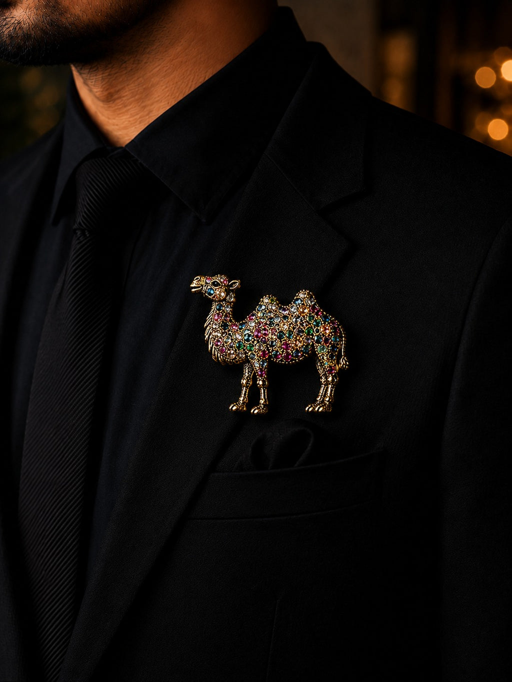 Gold Camel Brooch with Multicolor Crystals