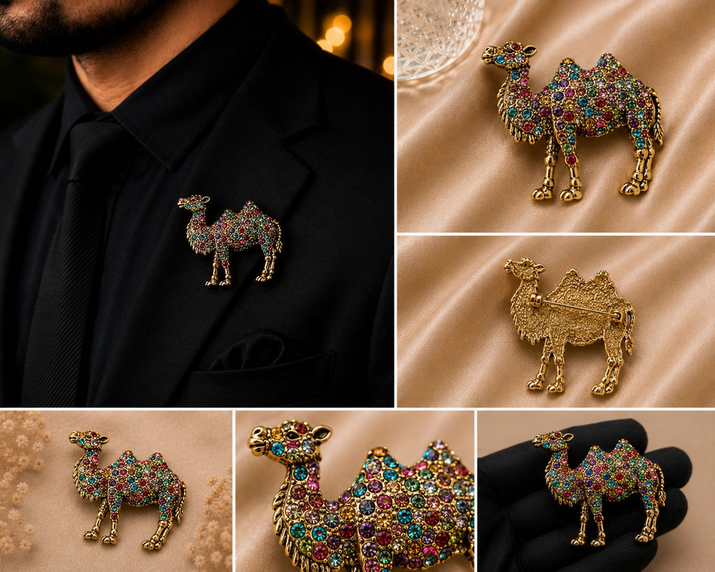 Gold Camel Brooch with Multicolor Crystals