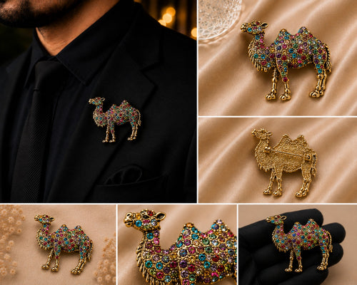 Gold Camel Brooch with Multicolor Crystals
