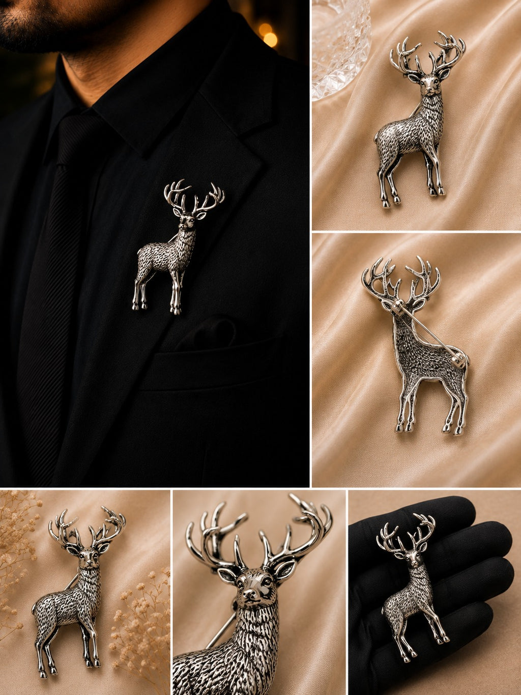 Silver Stag Deer Brooch