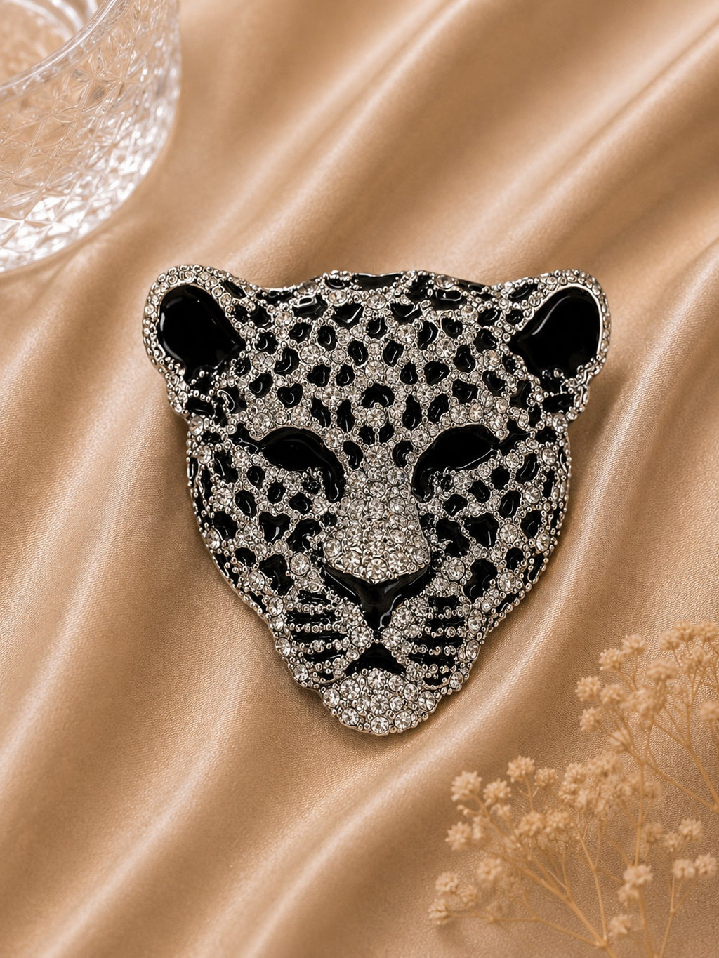 Silver Leopard Brooch with Black Crystal Detailing