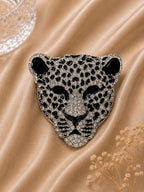 Silver Leopard Brooch with Black Crystal Detailing