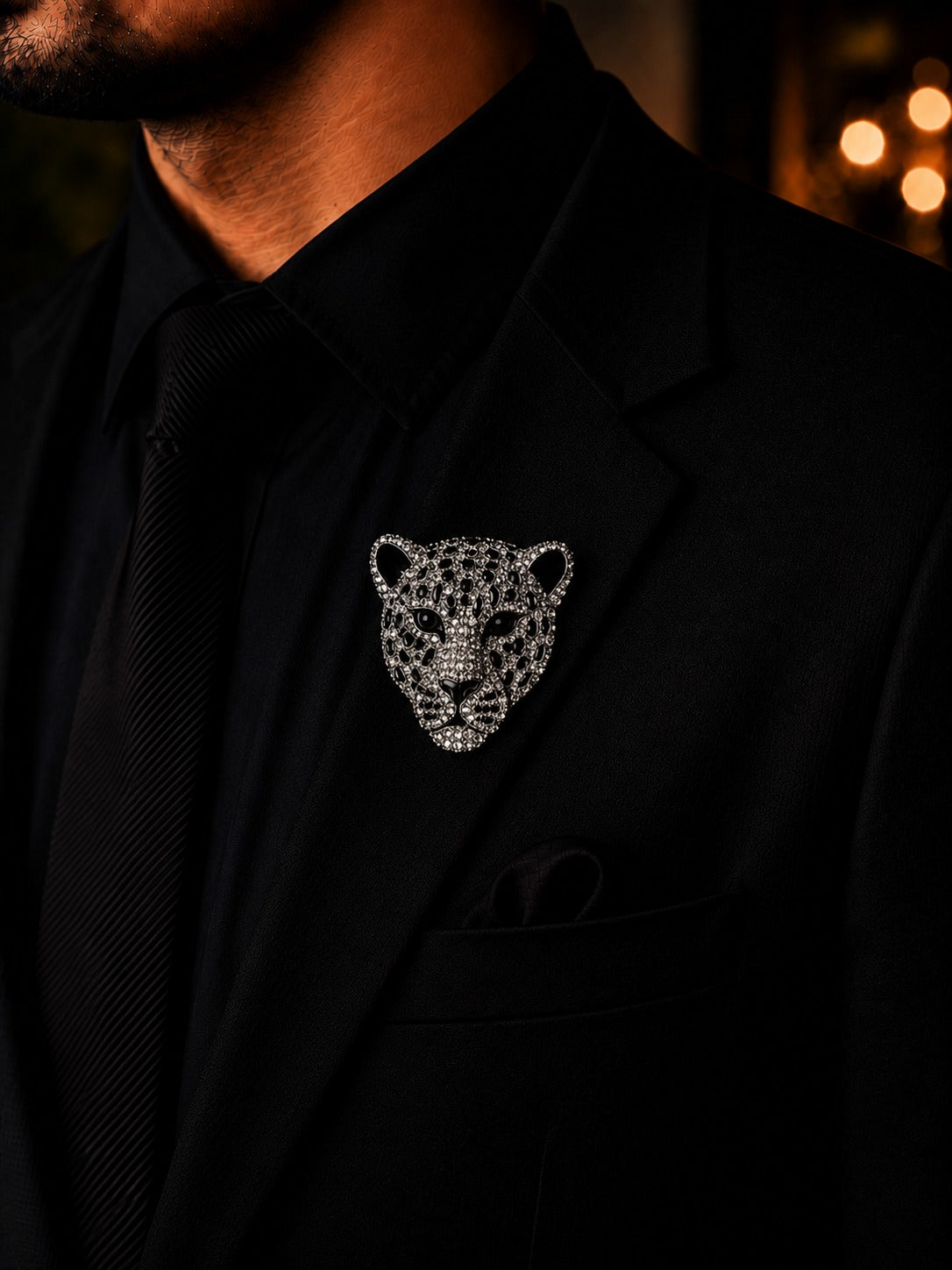 Silver Leopard Brooch with Black Crystal Detailing