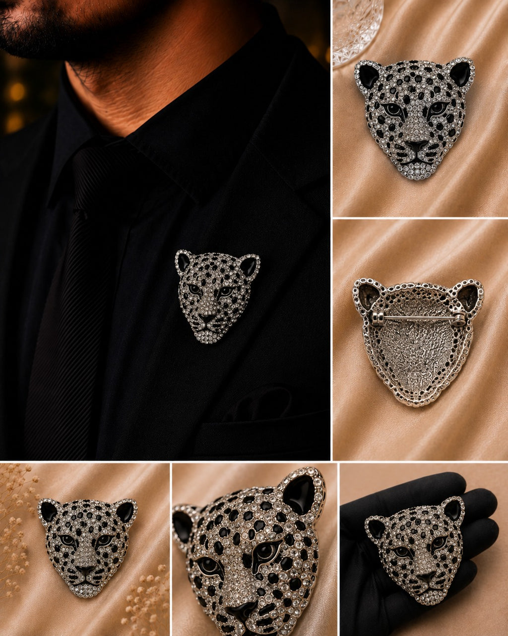 Silver Leopard Brooch with Black Crystal Detailing