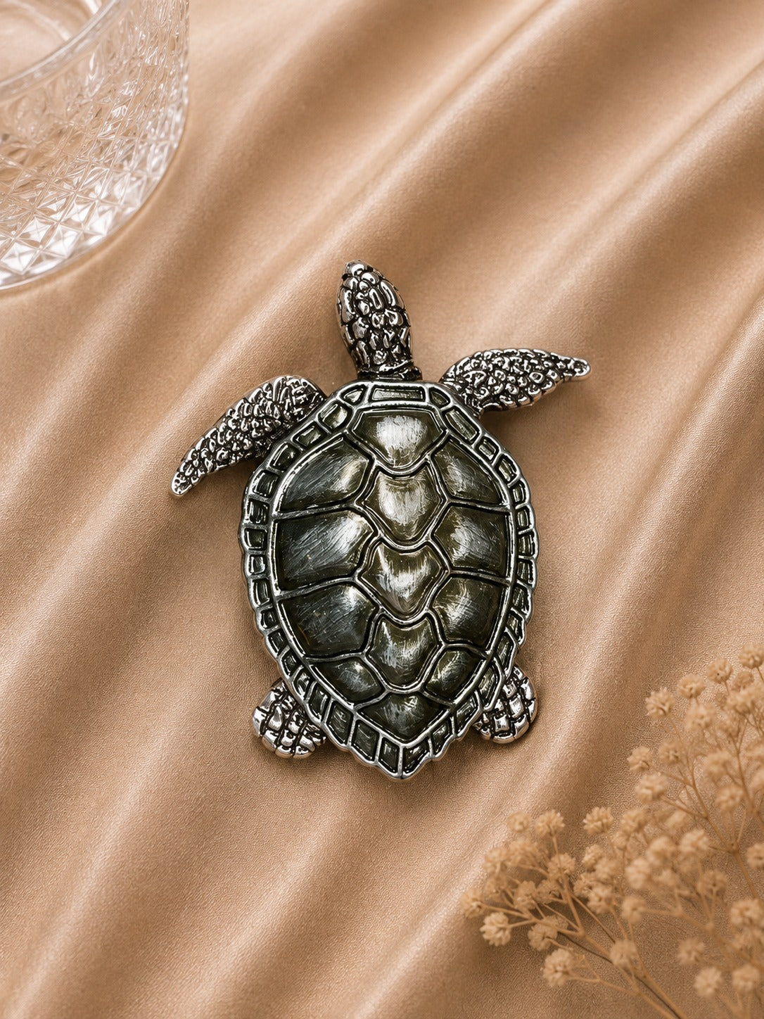 Luxury Silver Sea Turtle Brooch with Olive Green Shell