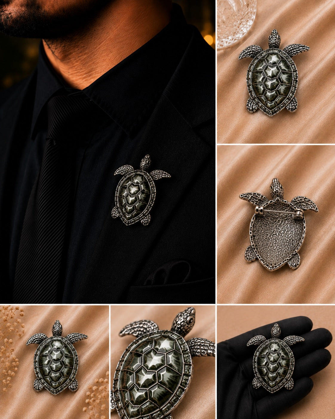 Luxury Silver Sea Turtle Brooch with Olive Green Shell