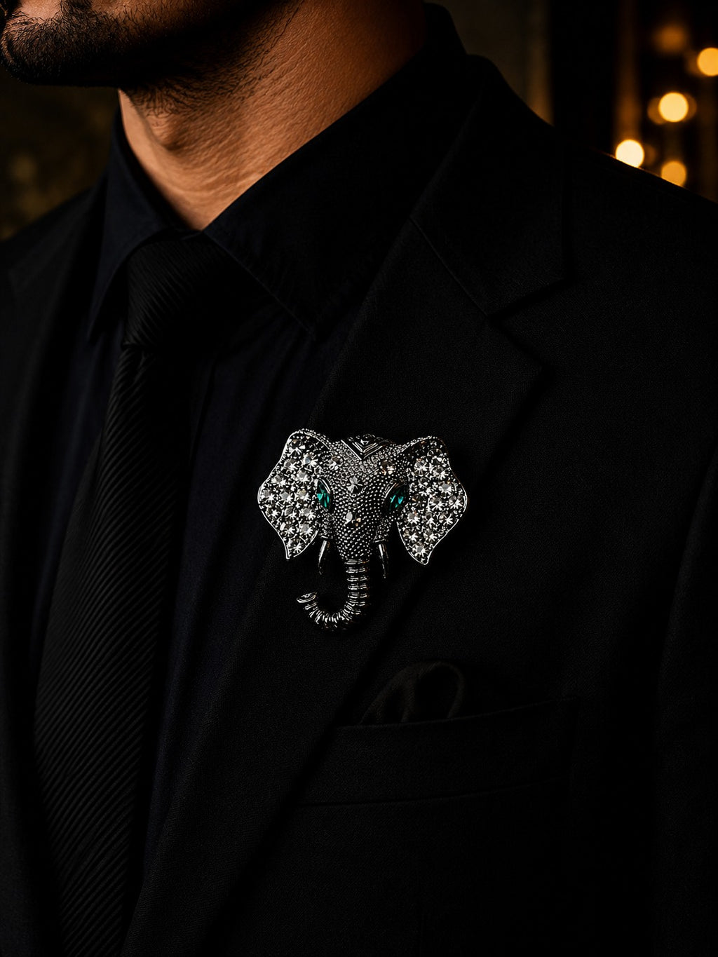 Luxury Black Elephant Brooch with Crystal Ears & Emerald Eyes