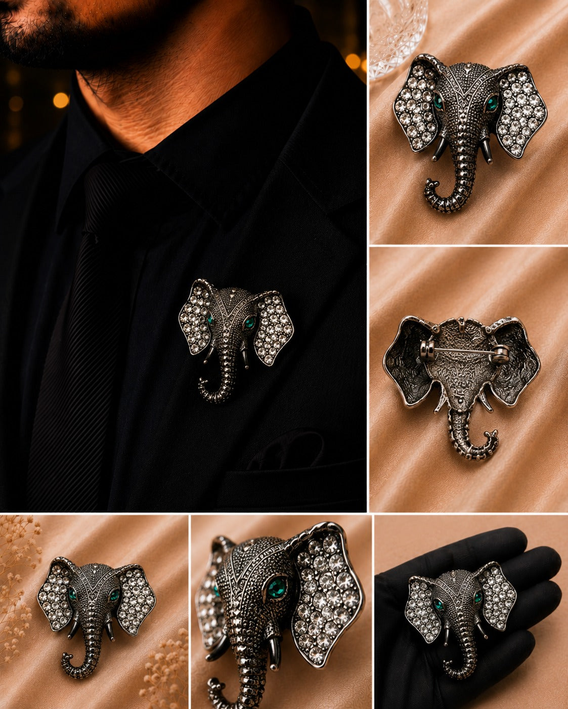 Luxury Black Elephant Brooch with Crystal Ears & Emerald Eyes