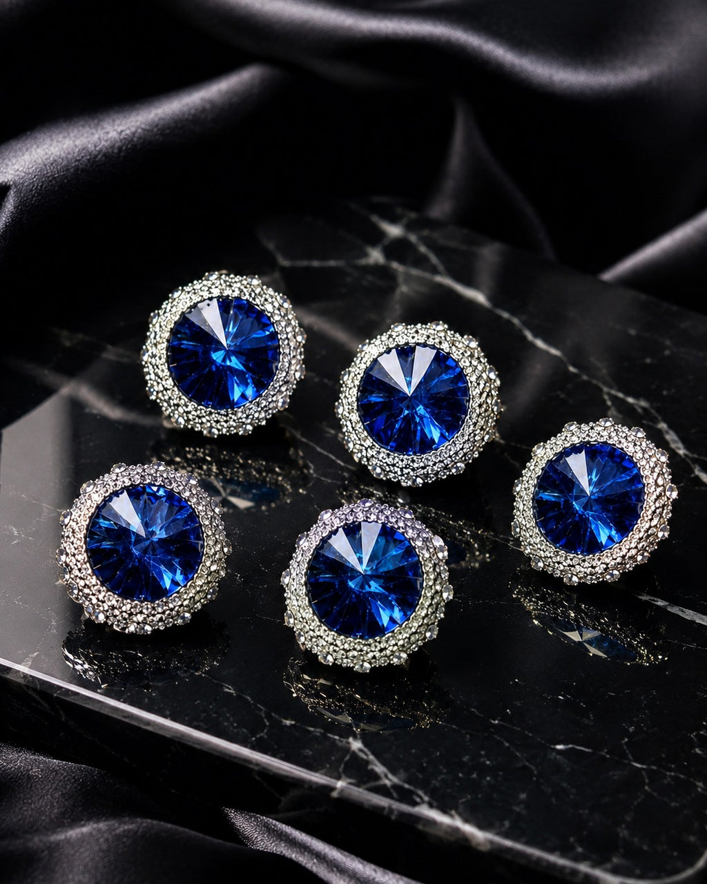 Luxury Royal Blue Crystal Silver Statement Buttons – Set of 5