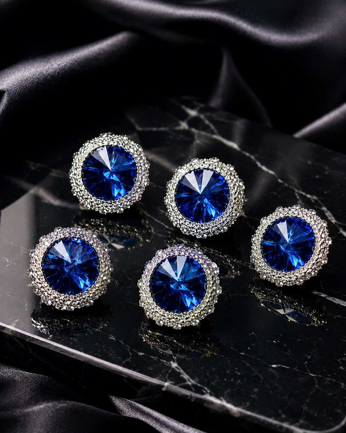 Luxury Royal Blue Crystal Silver Statement Buttons – Set of 5