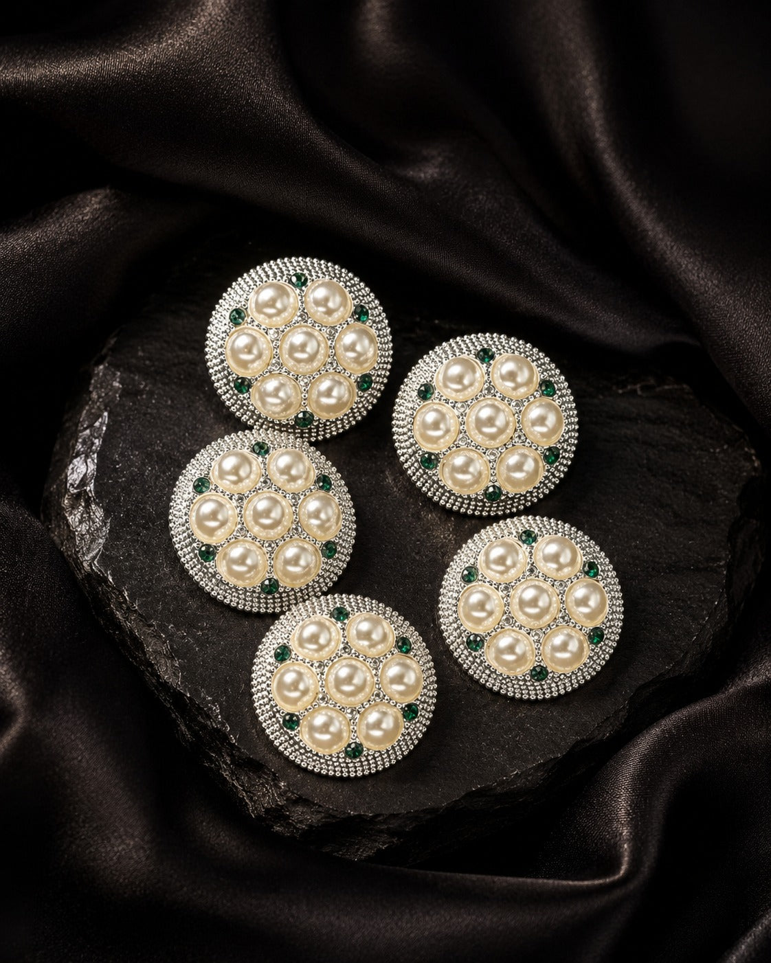 Pearl & Emerald Crystal Silver Statement Buttons – Set of 5