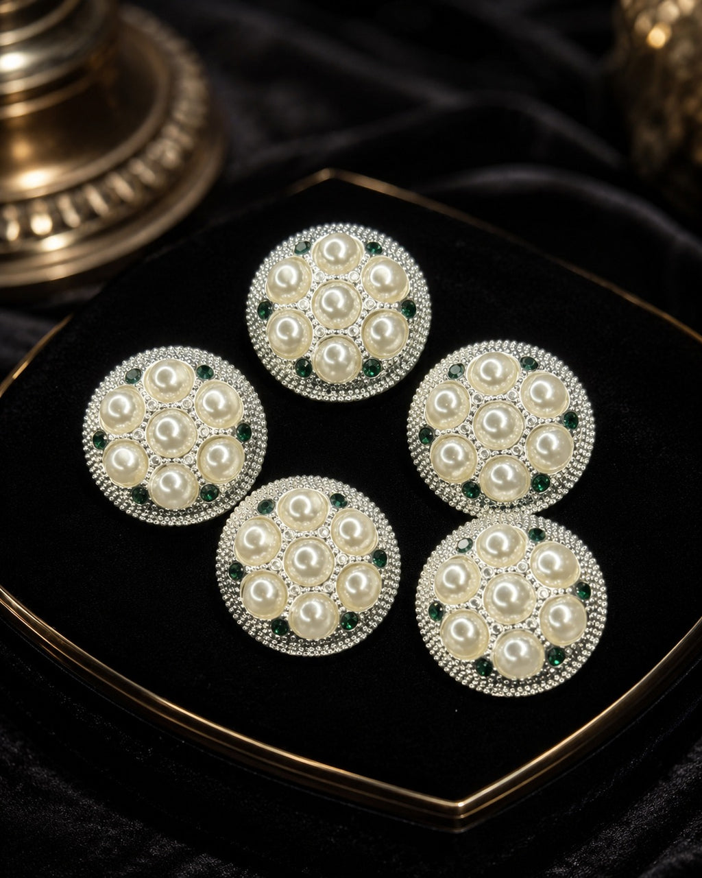 Pearl & Emerald Crystal Silver Statement Buttons – Set of 5