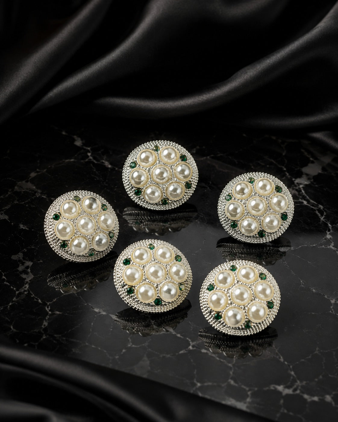 Pearl & Emerald Crystal Silver Statement Buttons – Set of 5
