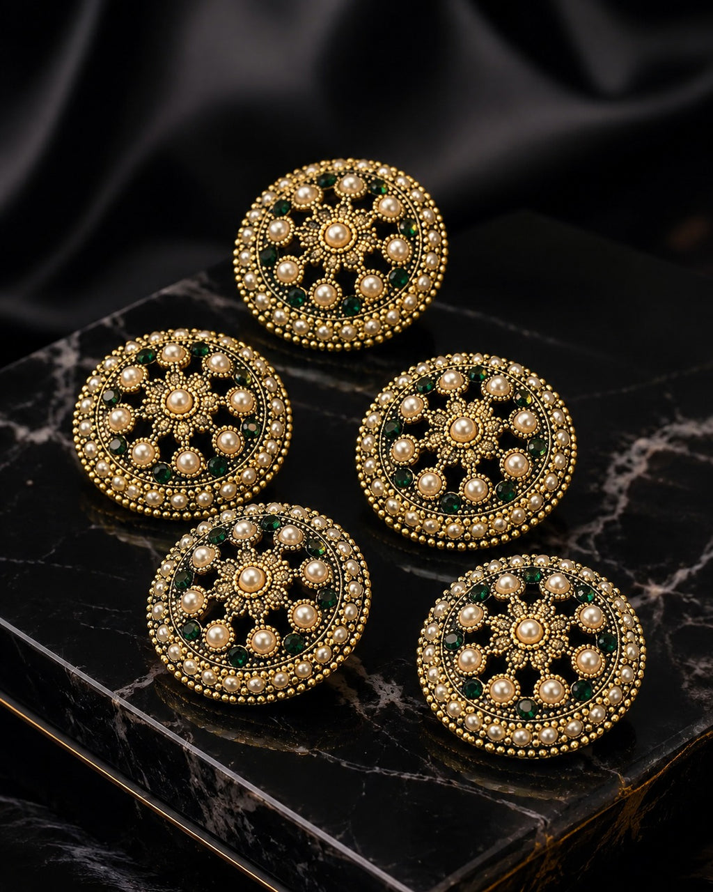 Pearl & Emerald Gold Royal Statement Buttons – Set of 5