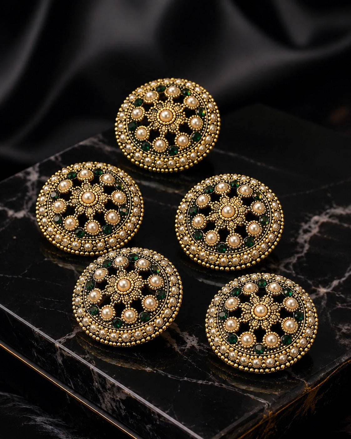 Pearl & Emerald Gold Royal Statement Buttons – Set of 5