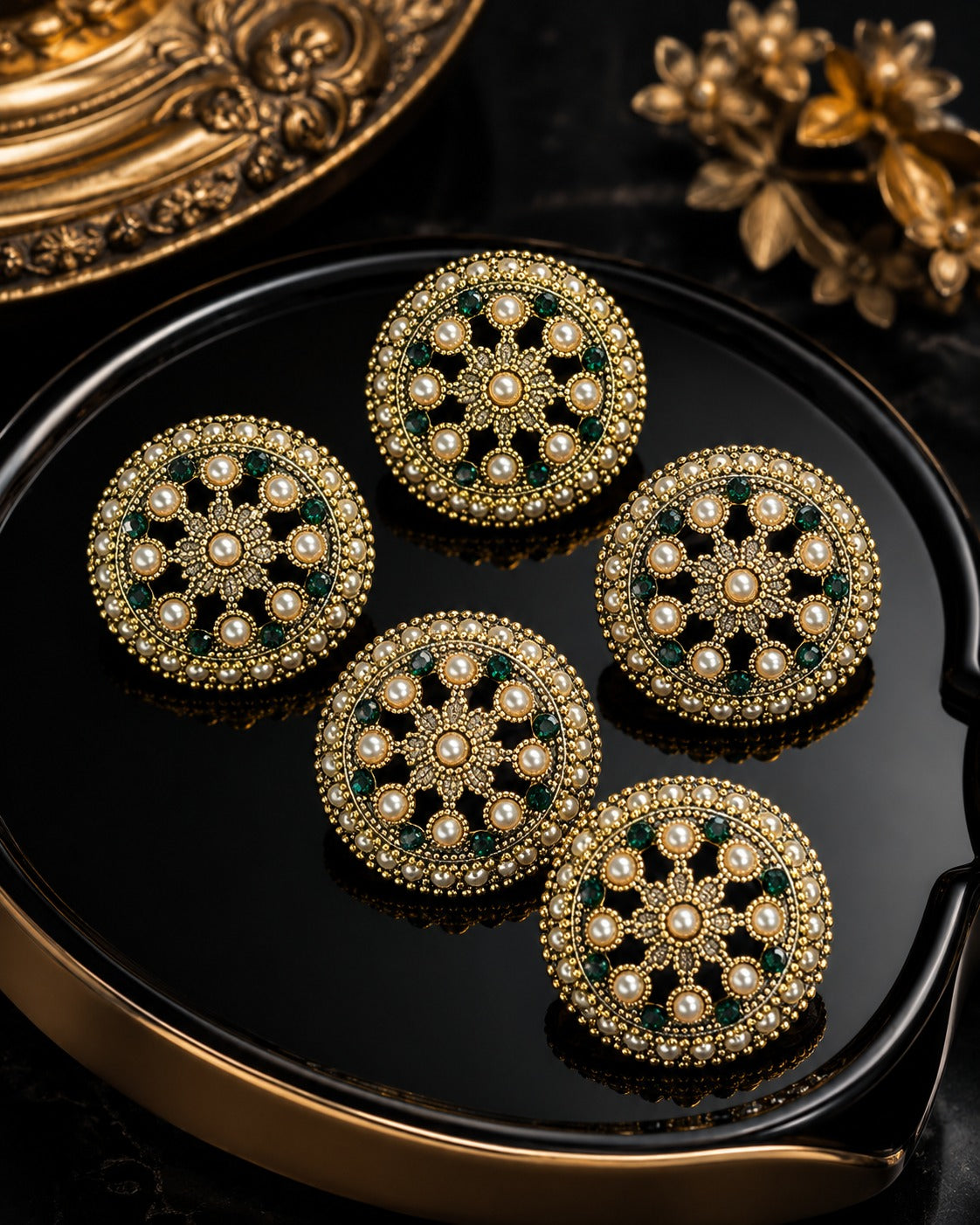 Pearl & Emerald Gold Royal Statement Buttons – Set of 5