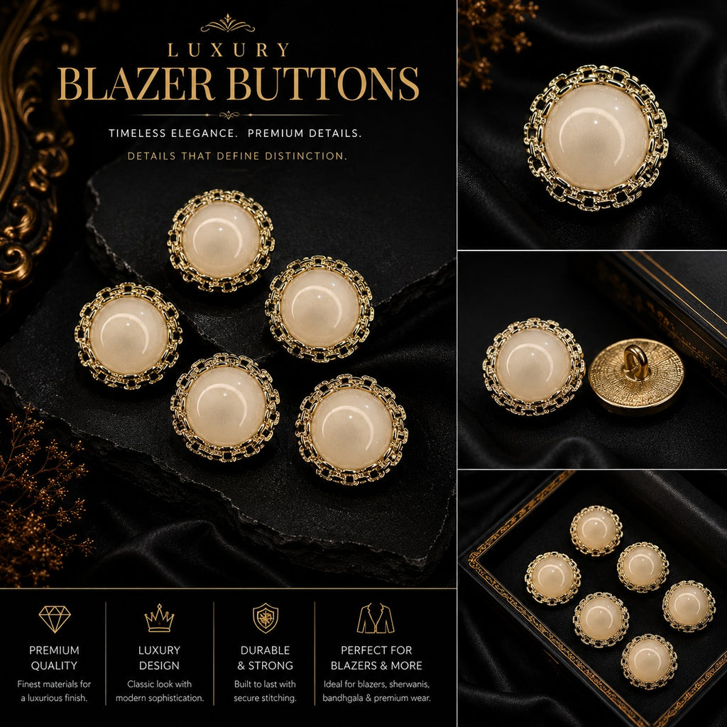 Pearl-Effect Gold Chain Border Buttons – Set of 5