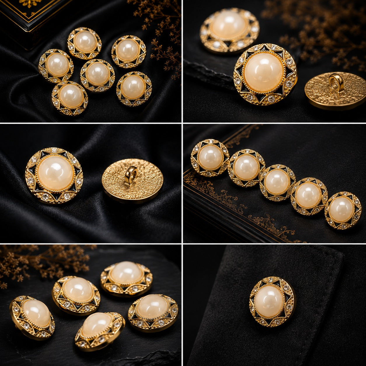Pearl & Crystal Gold Statement Buttons – Set of 5