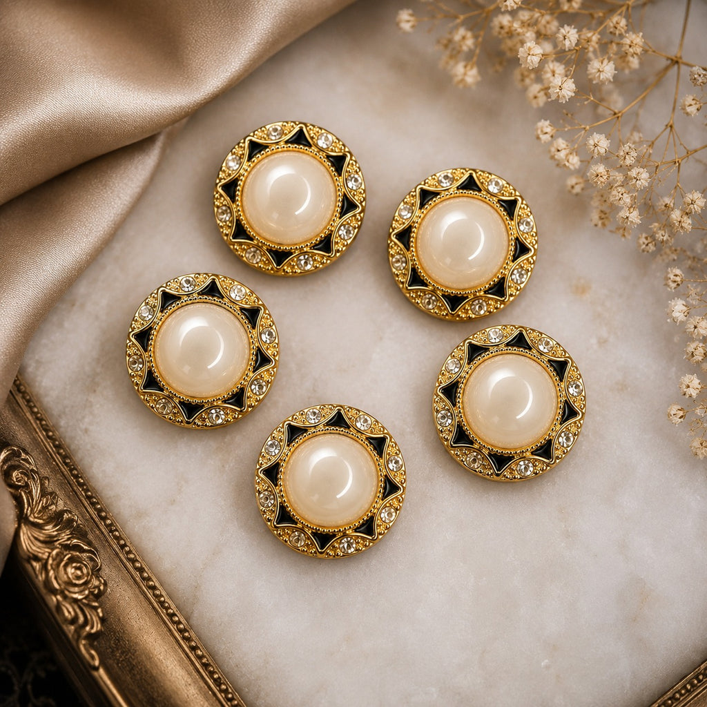Pearl & Crystal Gold Statement Buttons – Set of 5