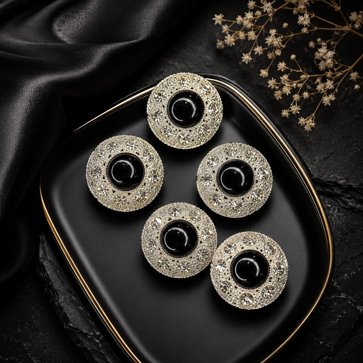 Black Stone & Crystal Silver Statement Buttons – Set of 5
