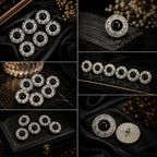 Black Stone & Crystal Silver Statement Buttons – Set of 5