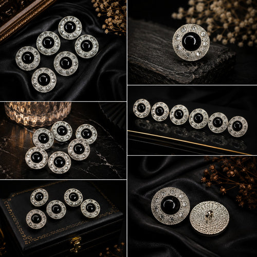 Black Stone & Crystal Silver Statement Buttons – Set of 5