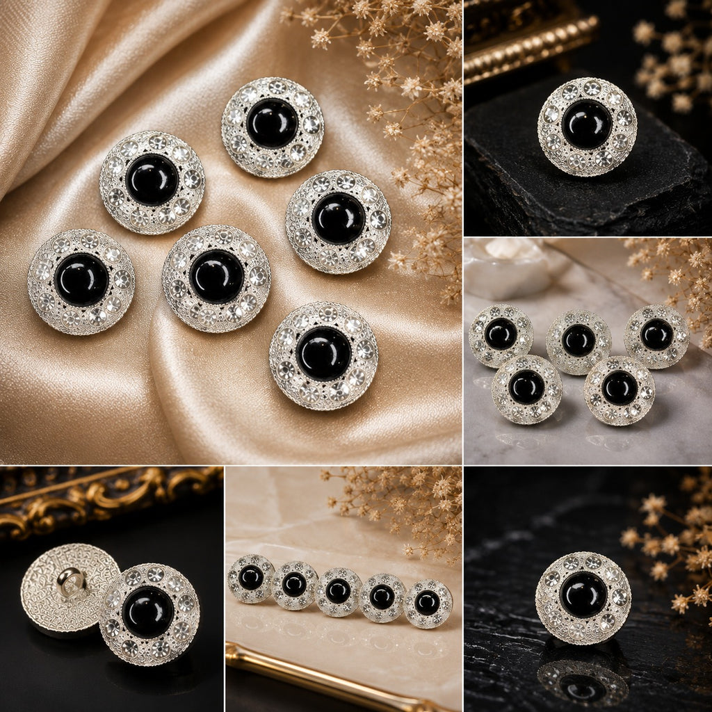 Black Stone & Crystal Silver Statement Buttons – Set of 5