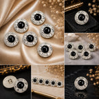 Black Stone & Crystal Silver Statement Buttons – Set of 5