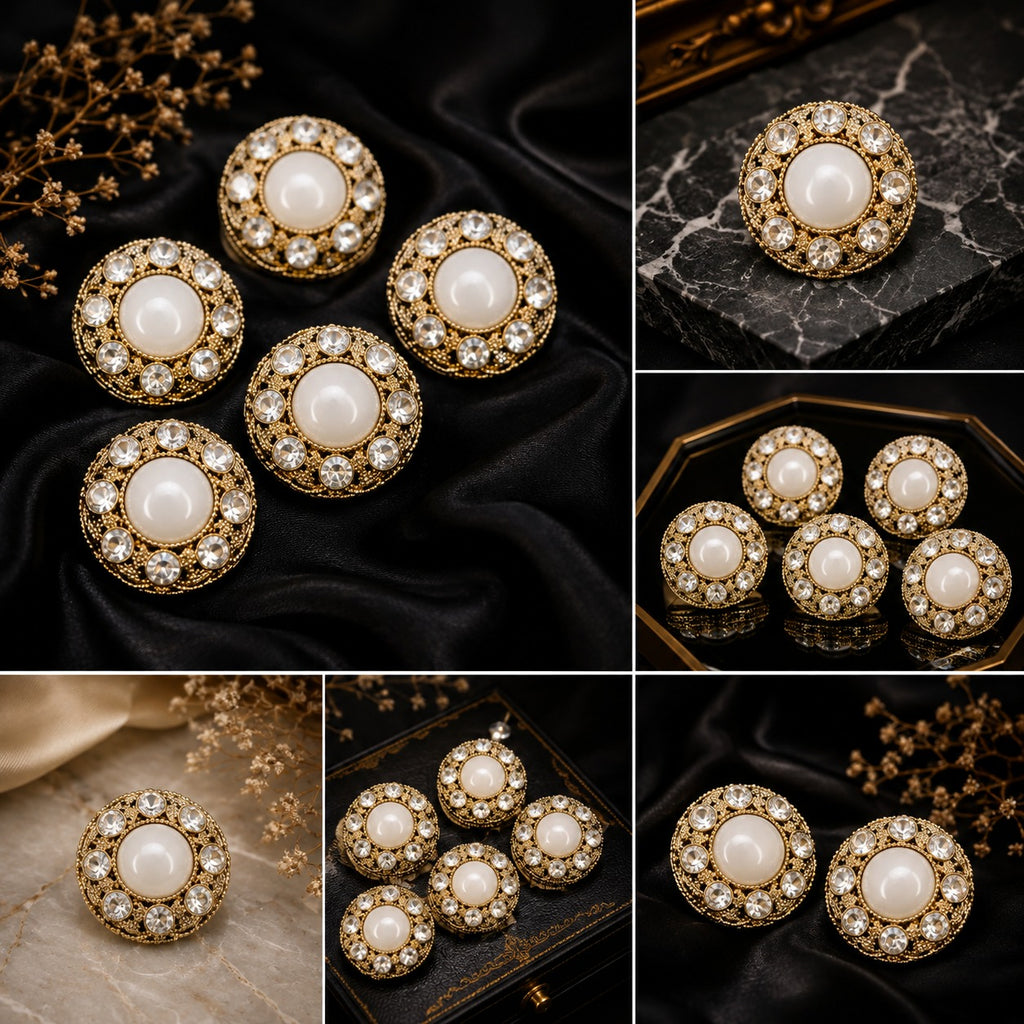 Luxury Pearl & Crystal Gold Statement Buttons – Set of 5
