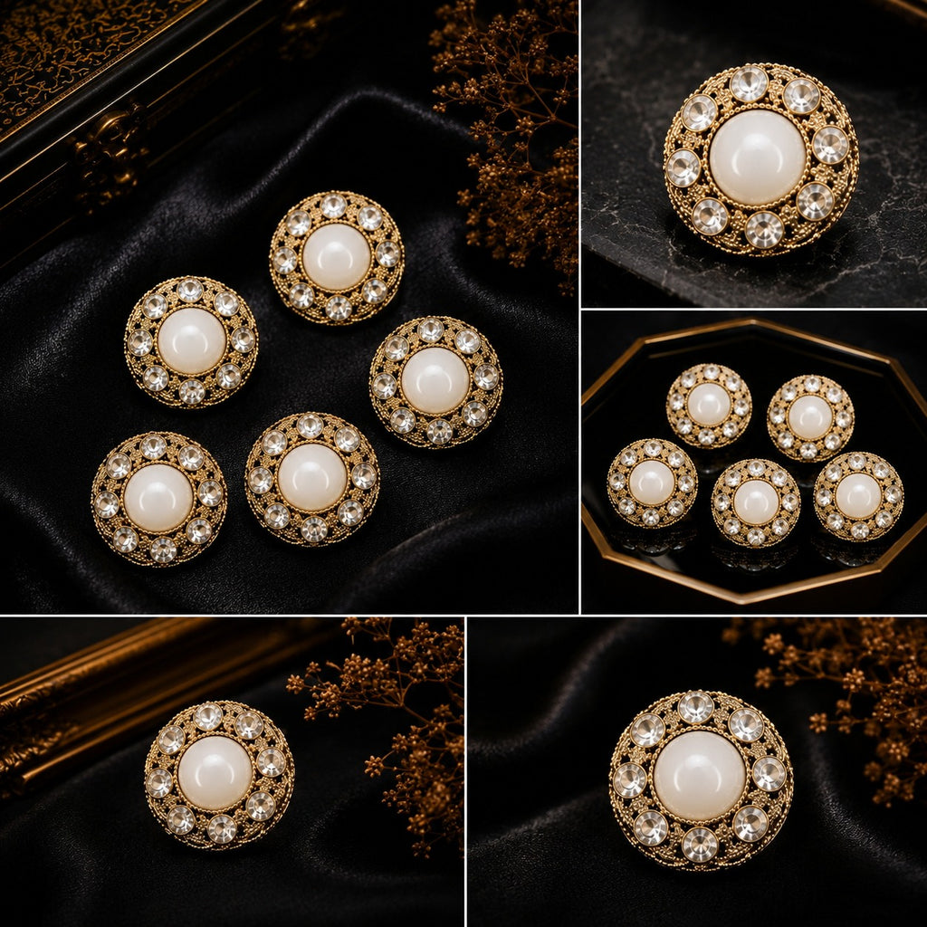 Luxury Pearl & Crystal Gold Statement Buttons – Set of 5
