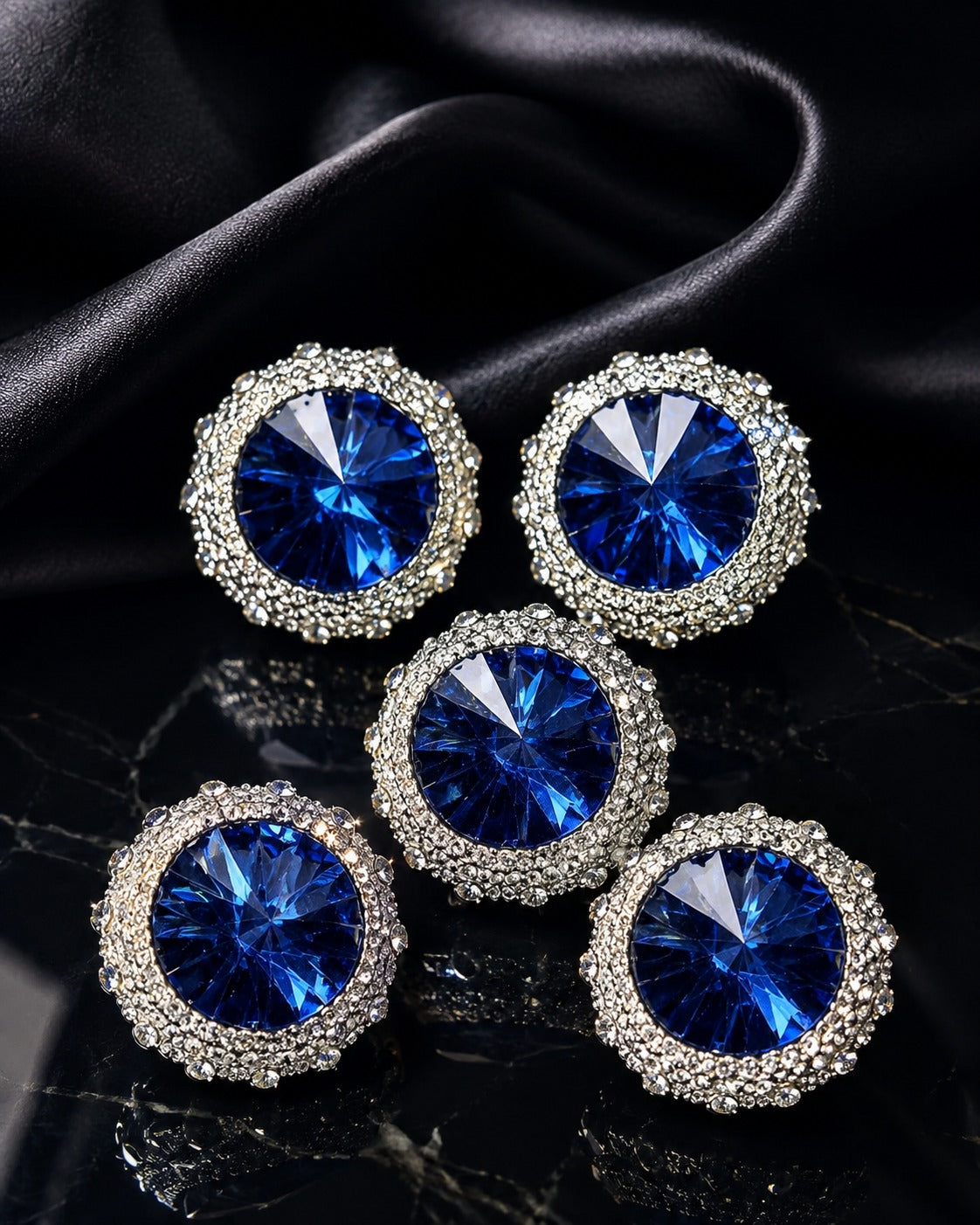 Luxury Royal Blue Crystal Silver Statement Buttons – Set of 5